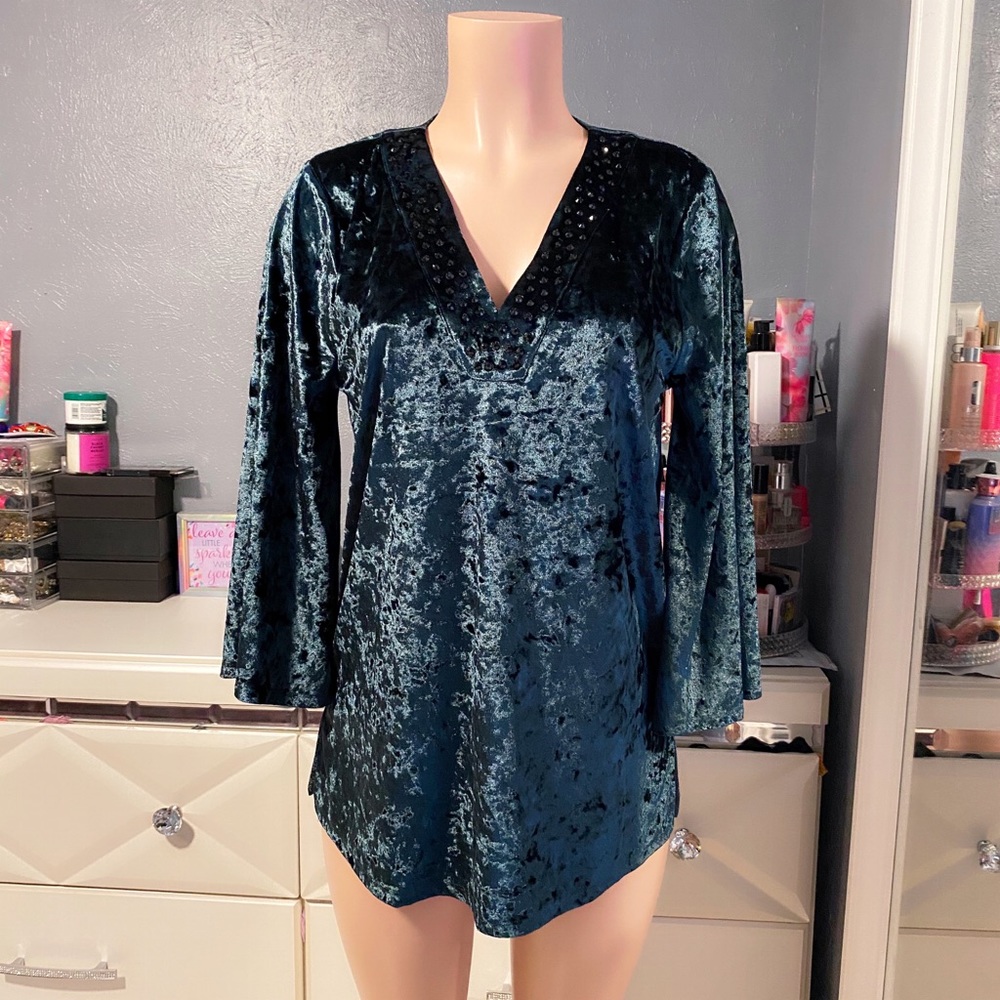 Michael Kors Dark Green Velvet Top Size Medium